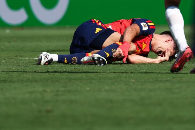 Spain's defender #22 Pau Cubarsi reacts on the field during the 2026 World Cup football tournament final match between Spain and Argentina at the New York/New Jersey Stadium in East Rutherford on July 19, 2026.  (Photo by FRANCK FIFE / AFP)