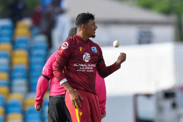 Gudakesh Motie of West Indies prepares to bowl during the 4th One-Day International (ODI) cricket match between West Indies and New Zealand at Kensington Oval in Bridgetown, Barbados on July 19, 2026. (Photo by Randy Brooks / AFP)