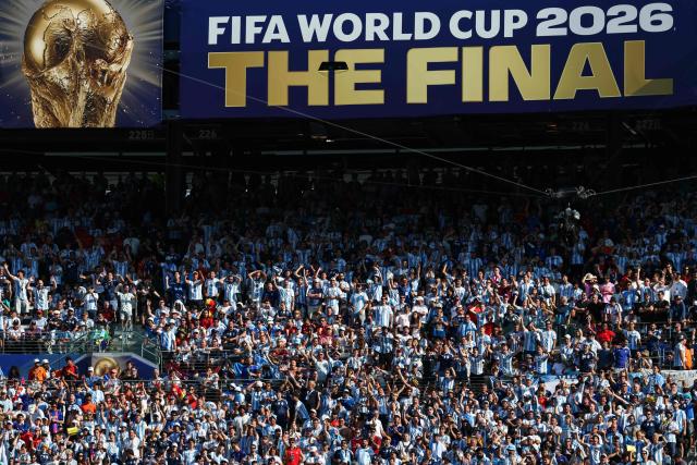 Argentine fans cheer for their team during the 2026 World Cup football tournament final match between Spain and Argentina at the New York/New Jersey Stadium in East Rutherford on July 19, 2026.  (Photo by FRANCK FIFE / AFP)