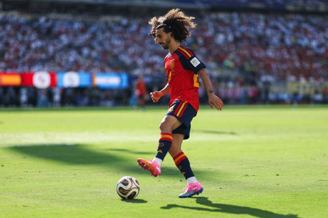 Spain's defender #24 Marc Cucurella controls the ball during the 2026 World Cup football tournament final match between Spain and Argentina at the New York/New Jersey Stadium in East Rutherford on July 19, 2026.  (Photo by PATRICIA DE MELO MOREIRA / AFP)