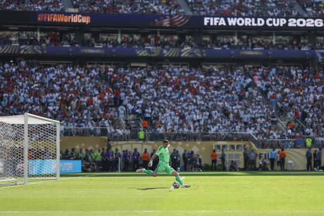Argentina's goalkeeper #23 Emiliano Martinez kicks the ball during the 2026 World Cup football tournament final match between Spain and Argentina at the New York/New Jersey Stadium in East Rutherford on July 19, 2026.  (Photo by PATRICIA DE MELO MOREIRA / AFP)