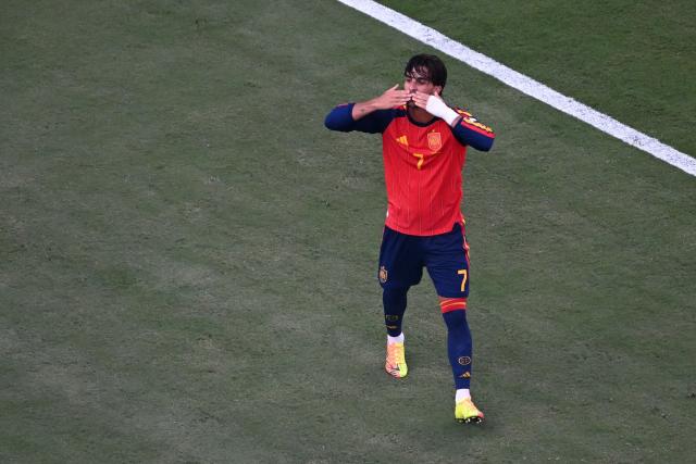 Spain's forward #07 Ferran Torres celebrates scoring his team's first goal during the 2026 World Cup football tournament final match between Spain and Argentina at the New York/New Jersey Stadium in East Rutherford on July 19, 2026.  (Photo by MAURO PIMENTEL / AFP)