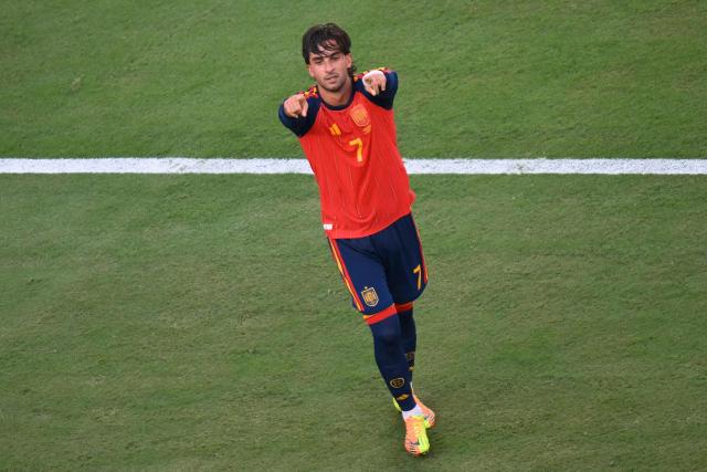 Spain's forward #07 Ferran Torres celebrates after scoring the 1-0 goal during the 2026 World Cup football tournament final match between Spain and Argentina at the New York/New Jersey Stadium in East Rutherford on July 19, 2026.  (Photo by ANGELA WEISS / AFP)