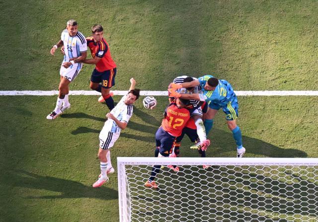 Spain's goalkeeper #23 Unai Simon clears the ball during the 2026 World Cup football tournament final match between Spain and Argentina at the New York/New Jersey Stadium in East Rutherford on July 19, 2026.  (Photo by Jewel SAMAD / AFP)