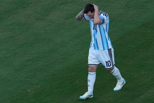 Argentina's forward #10 Lionel Messi reacts during the 2026 World Cup football tournament final match between Spain and Argentina at the New York/New Jersey Stadium in East Rutherford on July 19, 2026.  (Photo by TIMOTHY A. CLARY / AFP)