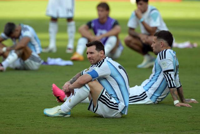 Argentina's forward #10 Lionel Messi reacts after Spain won the 2026 World Cup football tournament final match between Spain and Argentina at the New York/New Jersey Stadium in East Rutherford on July 19, 2026.  (Photo by JUAN MABROMATA / AFP)