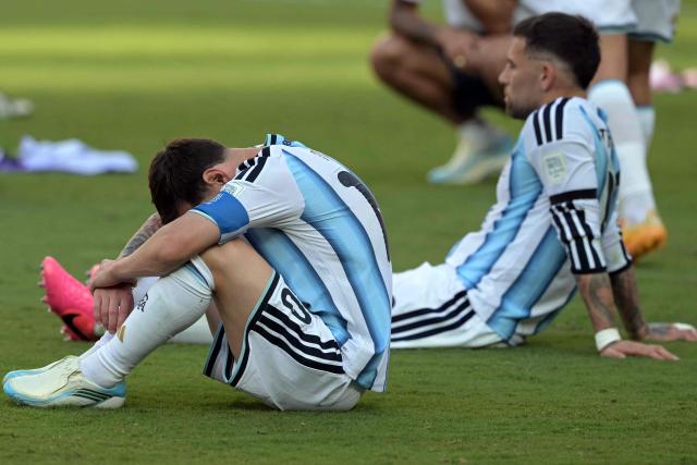 Argentina's forward #10 Lionel Messi reacts after Spain won the 2026 World Cup football tournament final match between Spain and Argentina at the New York/New Jersey Stadium in East Rutherford on July 19, 2026.  (Photo by JUAN MABROMATA / AFP)