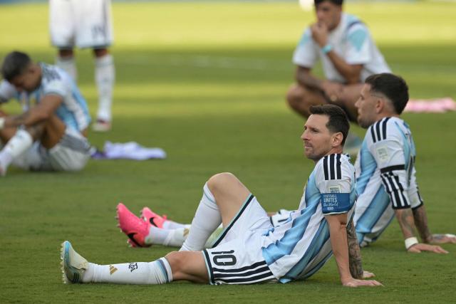 Argentina's forward #10 Lionel Messi reacts after Spain won the 2026 World Cup football tournament final match between Spain and Argentina at the New York/New Jersey Stadium in East Rutherford on July 19, 2026.  (Photo by JUAN MABROMATA / AFP)