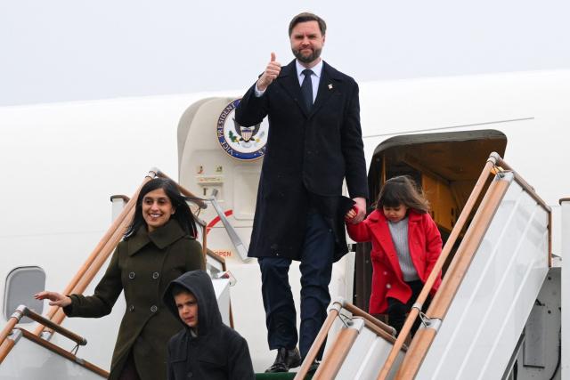 (FILES) US Vice President JD Vance, US Second Lady Usha Vance, along with their children disembark from Air Force Two as they arrive at Heydar Aliyev International Airport in Baku, on February 10, 2026. US Vice President JD Vance and Second Lady Usha Vance welcomed their fourth child on July 19, 2026, a baby boy named Alec Neel Vance, they said in a statement. (Photo by AFP)