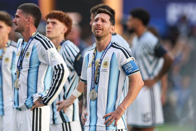 Argentina's forward #10 Lionel Messi reacts after losing the 2026 World Cup football tournament final match between Spain and Argentina at the New York/New Jersey Stadium in East Rutherford on July 19, 2026.  (Photo by PATRICIA DE MELO MOREIRA / AFP)