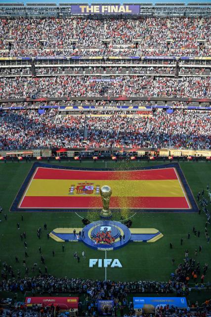 Spain's midfielder #16 Rodri lifts the trophy with his teammates after Spain won the 2026 World Cup football tournament final match between Spain and Argentina at the New York/New Jersey Stadium in East Rutherford on July 19, 2026.  (Photo by MAURO PIMENTEL / AFP)