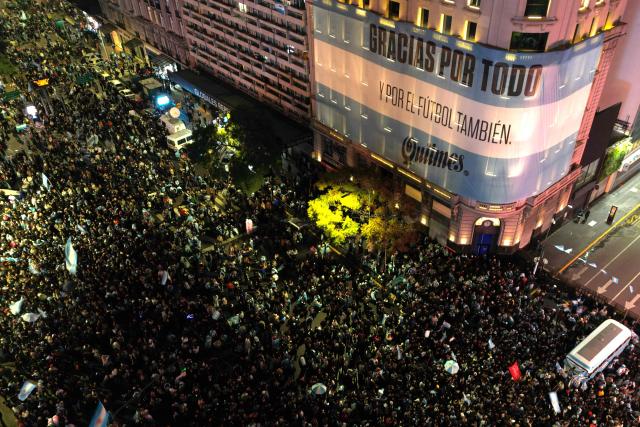 This aerial view shows Argentina's fans gathering after Argentina lost the FIFA World Cup final football match against Spain in Buenos Aires on July 19, 2026. Spain won by 1-0. (Photo by Luis ROBAYO / AFP)