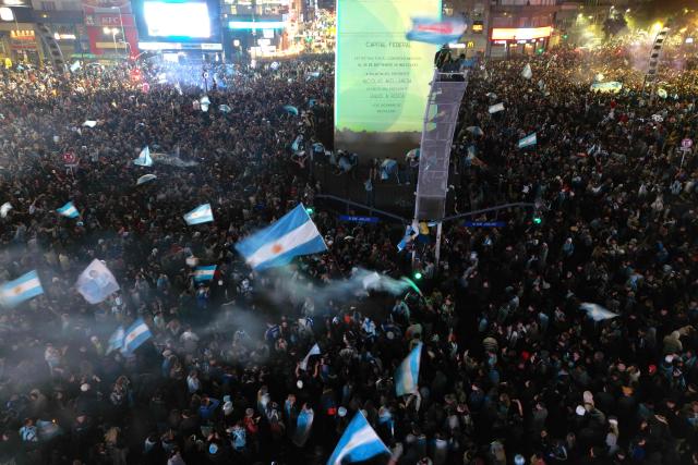 This aerial view shows Argentina's fans gathering after Argentina lost the FIFA World Cup final football match against Spain in Buenos Aires on July 19, 2026. Spain won by 1-0. (Photo by Luis ROBAYO / AFP)