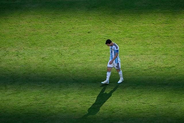 Argentina's forward #10 Lionel Messi reacts during the 2026 World Cup football tournament final match between Spain and Argentina at the New York/New Jersey Stadium in East Rutherford on July 19, 2026.  (Photo by Jewel SAMAD / AFP)