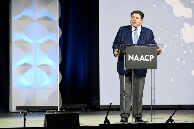 Illinois Governor JB Pritzker speaks during the Opening Public Mass Meeting of the 117th NAACP National Convention, held under the theme “We, The People,” at McCormick Place in Chicago, Illinois, on July 19, 2026. The convention brings together advocates and leaders to discuss civil rights, equality and democracy. (Photo by Octavio Jones / AFP)