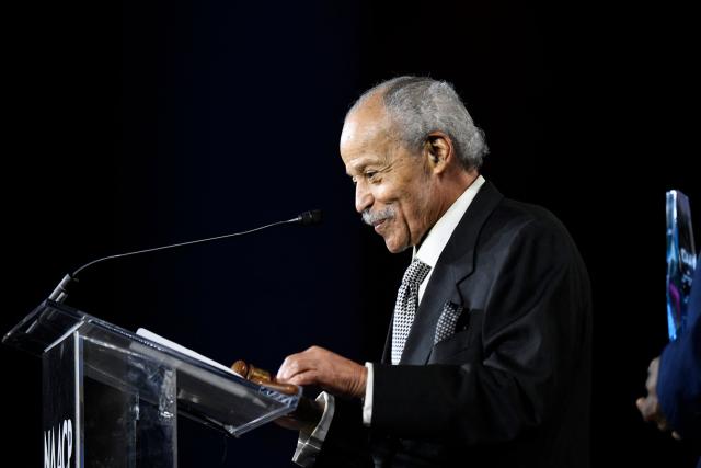 92-year-old Ed Dwight, America's first Black astronaut candidate, speaks after receiving an award during the Opening Public Mass Meeting of the 117th NAACP National Convention, held under the theme “We, The People,” at McCormick Place in Chicago, Illinois, on July 19, 2026. The convention brings together advocates and leaders to discuss civil rights, equality and democracy. (Photo by Octavio Jones / AFP)