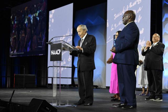 92-year-old Ed Dwight, America's first Black astronaut candidate, speaks after receiving an award during the Opening Public Mass Meeting of the 117th NAACP National Convention, held under the theme “We, The People,” at McCormick Place in Chicago, Illinois, on July 19, 2026. The convention brings together advocates and leaders to discuss civil rights, equality and democracy. (Photo by Octavio Jones / AFP)