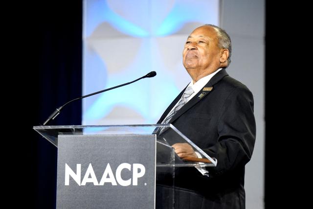 Leon W. Russell, Chair, NAACP National Board of Directors, speaks after receiving an award during the Opening Public Mass Meeting of the 117th NAACP National Convention, held under the theme “We, The People,” at McCormick Place in Chicago, Illinois, on July 19, 2026. The convention brings together advocates and leaders to discuss civil rights, equality and democracy. (Photo by Octavio Jones / AFP)