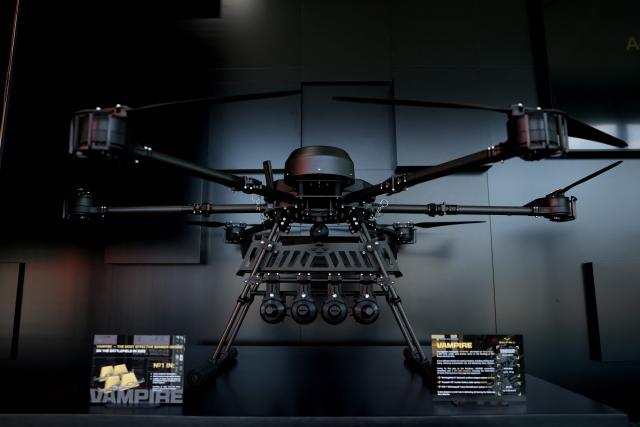 A Ukranian UAV 'Vampire' is pictured on the opening day of the Farnborough International Airshow 2026 in in Farnborough, south-west of London, on July 20, 2026. (Photo by Toby Shepheard / AFP)
