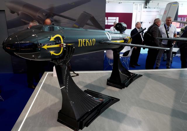 A Ukrainian missile-drone Peklo is pictured on the opening day of the Farnborough International Airshow 2026 in in Farnborough, south-west of London, on July 20, 2026. (Photo by Toby Shepheard / AFP)