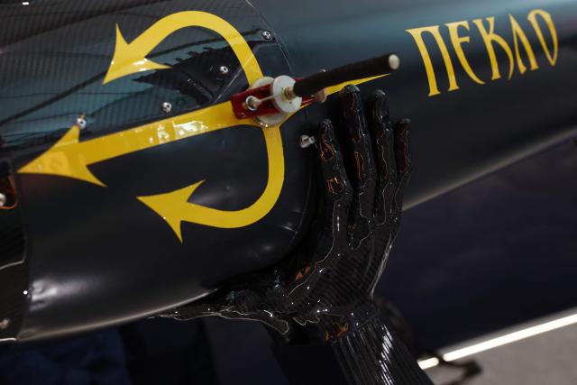 Details of a Ukrainian missile-drone Peklo is pictured on the opening day of the Farnborough International Airshow 2026 in in Farnborough, south-west of London, on July 20, 2026. (Photo by Toby Shepheard / AFP)