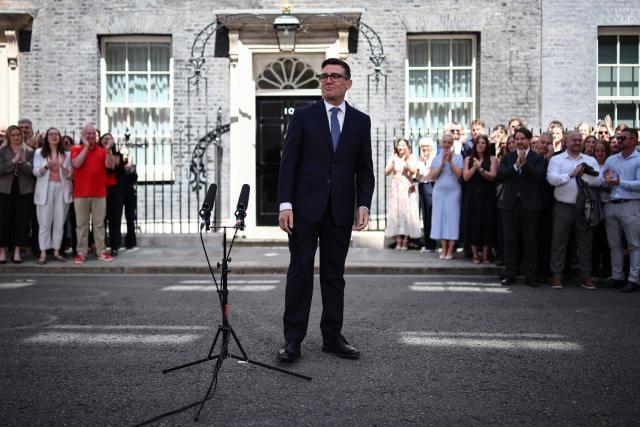 Britain's new Prime Minister Andy Burnham reacts as he gives his first speech in front of 10 Downing Street in central London on July 20, 2026, after being asked by the king to form the next government. (Photo by Henry Nicholls / AFP)