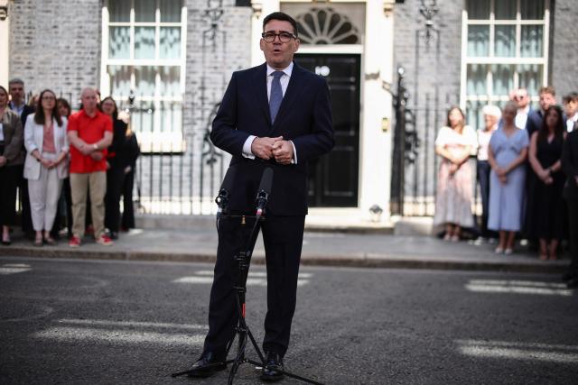 Britain's new Prime Minister Andy Burnham gives his first speech in front of 10 Downing Street in central London on July 20, 2026, after being asked by the king to form the next government. (Photo by Henry Nicholls / AFP)