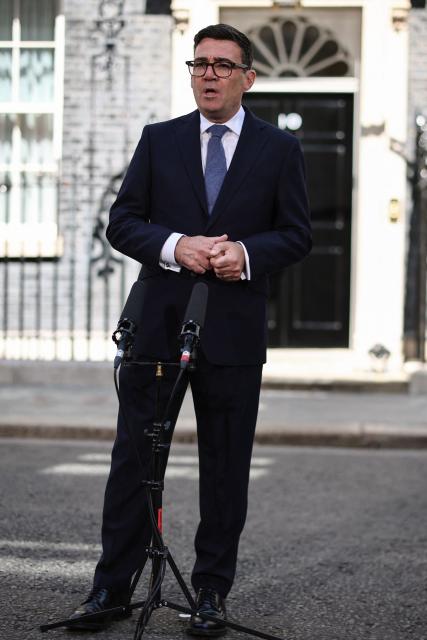 Britain's new Prime Minister Andy Burnham gives his first speech in front of 10 Downing Street in central London on July 20, 2026, after being asked by the king to form the next government. (Photo by Henry Nicholls / AFP)