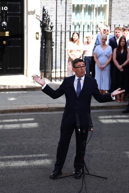 Britain's new Prime Minister Andy Burnham gives his first speech in front of 10 Downing Street in central London on July 20, 2026, after being asked by the king to form the next government. (Photo by Peter Nicholls / AFP)