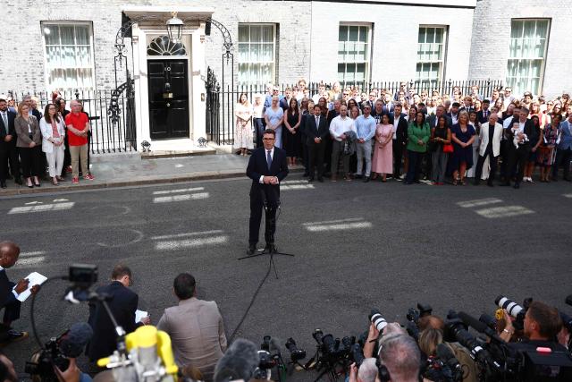 Britain's new Prime Minister Andy Burnham gives his first speech in front of 10 Downing Street in central London on July 20, 2026, after being asked by the king to form the next government. (Photo by Peter Nicholls / AFP)