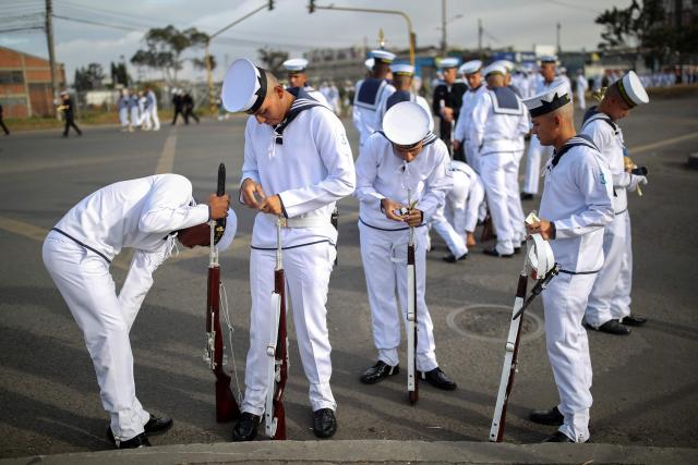 Military members prepare to take part in a military parade commemorating Colombia's Independence Day in Bogota, on July 20, 2026. (Photo by ESTEBAN VEGA LA-ROTTA / AFP)
