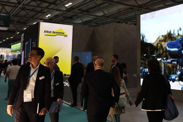 The Elbit Systems UK stand is pictured on the opening day of the Farnborough International Airshow 2026 in in Farnborough, south-west of London, on July 20, 2026. (Photo by Toby Shepheard / AFP)
