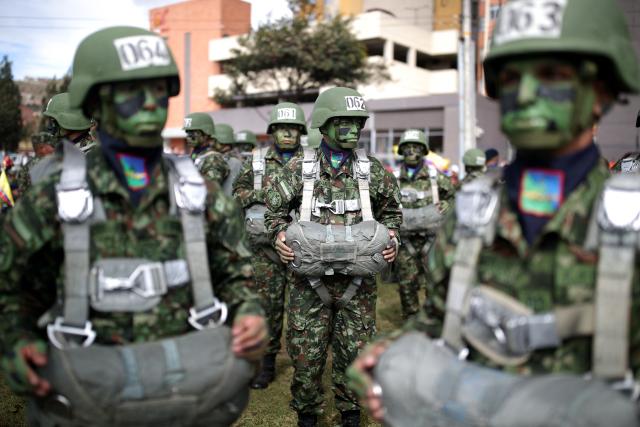 Military members prepare to take part in a military parade commemorating Colombia's Independence Day in Bogota, on July 20, 2026. (Photo by ESTEBAN VEGA LA-ROTTA / AFP)