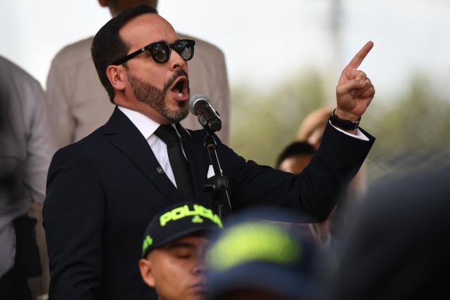 Colombia's president-elect Abelardo de la Espriella delivers a speech during a military parade commemorating Colombia's Independence Day in Medellin, Colombia, on July 20, 2026. (Photo by Jaime SALDARRIAGA / AFP)