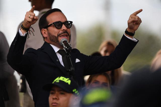 Colombia's president-elect Abelardo de la Espriella delivers a speech during a military parade commemorating Colombia's Independence Day in Medellin, Colombia, on July 20, 2026. (Photo by Jaime SALDARRIAGA / AFP)