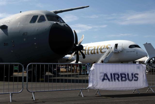 An Airbus logo is pictured on display on the opening day of the Farnborough International Airshow 2026 in in Farnborough, south-west of London, on July 20, 2026. US aircraft maker Boeing said Monday that it has received an order for 100 of its 737 MAX jets from leasing company SMBC Aviation Capital. In the first major order to be announced at the Farnborough Air Show that opened in the UK on July 20, 2026. (Photo by Toby Shepheard / AFP)