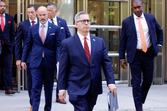 Joseph Nocella Jr. (2R), US Attorney for the Eastern District of New York, arrives to speak to the press as he exits the federal courthouse in the Brooklyn borough of New York City on July 20, 2026, following the sentencing of Mexican drug lord Ismael "El Mayo" Zambada. Zambada was sentenced Monday to life in prison by a federal court in New York for co-founding and leading the powerful Sinaloa cartel. The 76-year-old "El Mayo" is the former top associate of the organization's founder, Joaquin "El Chapo" Guzman, who is serving a life sentence in a maximum-security prison in Colorado. (Photo by Leonardo MUNOZ / AFP)