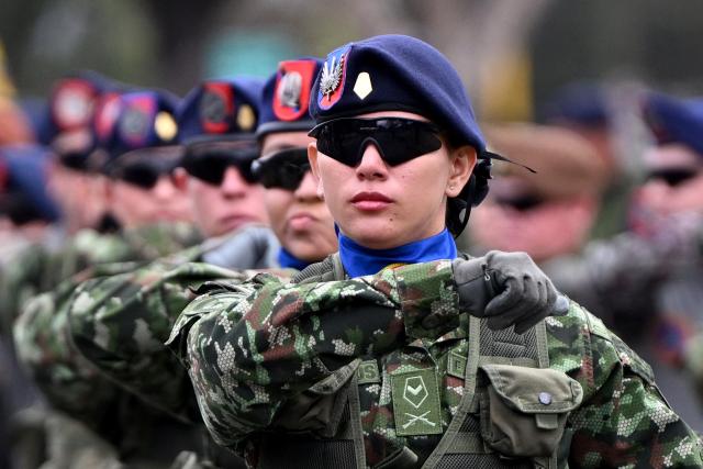 Military members take part in a military parade commemorating Colombia's Independence Day in Bogota, on July 20, 2026. (Photo by LUIS ACOSTA / AFP)
