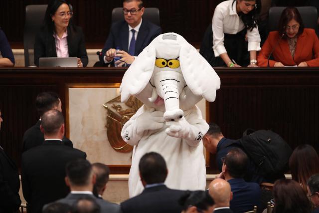 Newly elected Colombian senator Luis Carlos Rua, known as the activist "White Elephant", wears an elephant costume during the installation of the ordinary sessions of Congress in Bogota on July 20, 2026. (Photo by ESTEBAN VEGA LA-ROTTA / AFP)