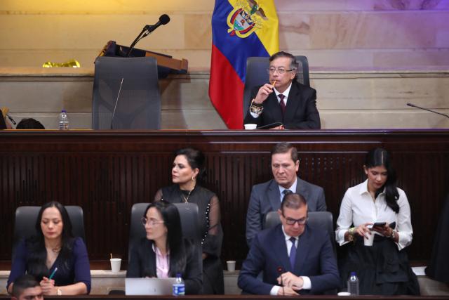 Colombia's President Gustavo Petro (C, top) attends the installation of the ordinary sessions of the Congress in Bogota on July 20, 2026. (Photo by ESTEBAN VEGA LA-ROTTA / AFP)