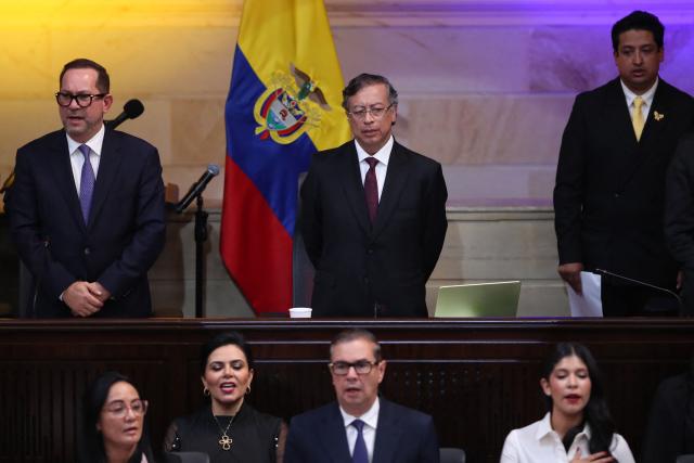 Colombia's President Gustavo Petro (C) attends the installation of the ordinary sessions of the Congress in Bogota on July 20, 2026. (Photo by ESTEBAN VEGA LA-ROTTA / AFP)