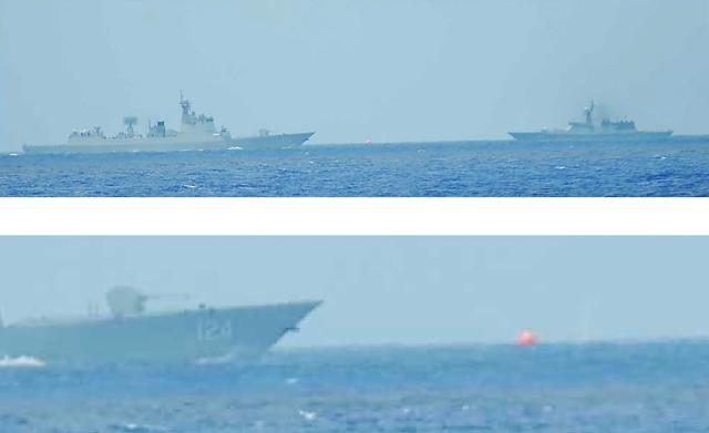 In this handout photo combination released by the Japanese Ministry of Defence on July 21, 2026, a Chinese Navy Luyang III-class guided-missile destroyer (L) and a Russian Navy Steregushchiy-class frigate conduct live-fire training exercises within Japan's exclusive economic zone (EEZ) according to the defence ministry. (Photo by Handout / various sources / AFP) / Japan OUT