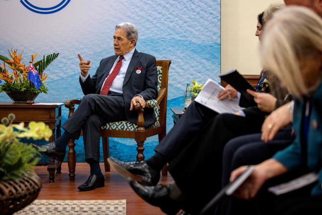 New Zealand Foreign Minister Winston Peters speaks with Philippines Foreign Secretary Theresa Lazaro (not pictured) during a bilateral meeting on the sidelines of the Association of Southeast Asian Nations (ASEAN) Foreign Ministers' Meeting in Pasay, Metro Manila on July 21, 2026. (Photo by Ezra Acayan / POOL / AFP)