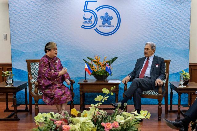 New Zealand Foreign Minister Winston Peters (L) speaks with Philippines Foreign Secretary Theresa Lazaro during a bilateral meeting on the sidelines of the Association of Southeast Asian Nations (ASEAN) Foreign Ministers' Meeting in Pasay, Metro Manila on July 21, 2026. (Photo by Ezra Acayan / POOL / AFP)