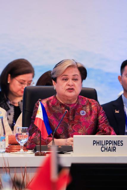 ASEAN Chair and Philippine Foreign Secretary Theresa Lazaro delivers an opening statement during the Association of Southeast Asian Nations (ASEAN) Foreign Ministers' Meeting in Pasay, Metro Manila on July 21, 2026. (Photo by Eloisa Lopez / POOL / AFP)