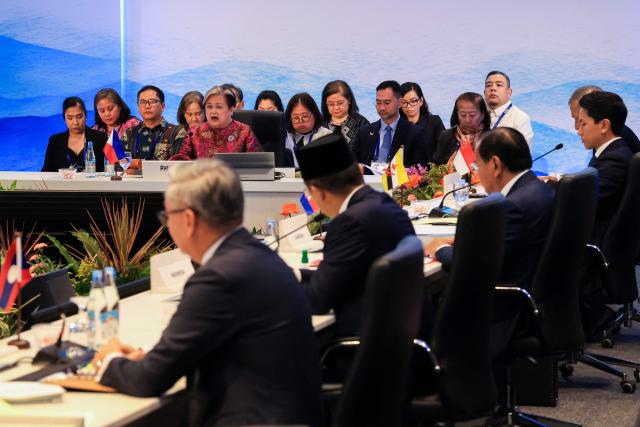 ASEAN Chair and Philippine Foreign Secretary Theresa Lazaro delivers an opening statement during the Association of Southeast Asian Nations (ASEAN) Foreign Ministers' Meeting in Pasay, Metro Manila on July 21, 2026. (Photo by Eloisa Lopez / POOL / AFP)