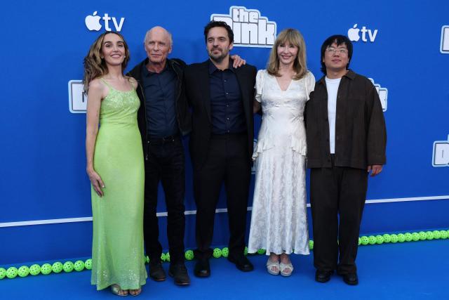(L/R) US actress Chloe Fineman, US actor Ed Harris, US actor Jake Johnson, US actress Mary Steenburgen and Australian actor Aaron Chen attend the premiere of Apple Original Films' "The Dink" at the AMC Century City theatre in Los Angeles on July 20, 2026. (Photo by VALERIE MACON / AFP)