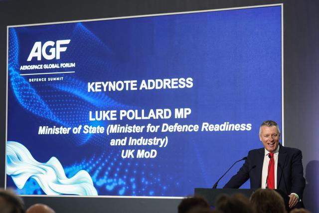 Britain's Minister of State for Defence Readiness and Industry Luke Pollard gives a keynote address on the second day of the Farnborough International Airshow 2026 in Farnborough, south-west of London, on July 21, 2026. (Photo by Toby Shepheard / AFP)