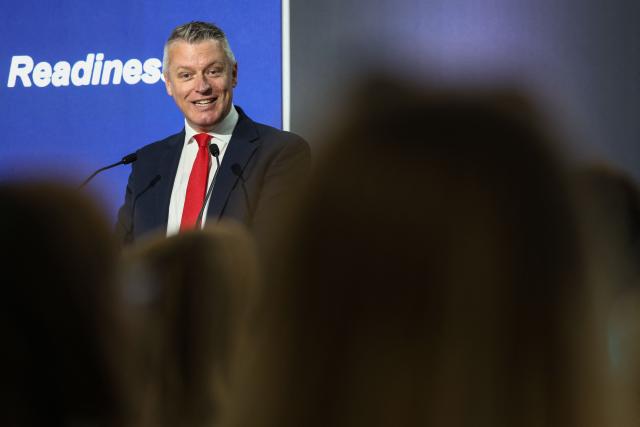 Britain's Minister of State for Defence Readiness and Industry Luke Pollard gives a keynote address on the second day of the Farnborough International Airshow 2026 in Farnborough, south-west of London, on July 21, 2026. (Photo by Toby Shepheard / AFP)