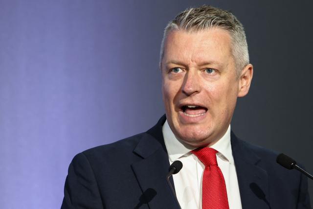 Britain's Minister of State for Defence Readiness and Industry Luke Pollard gives a keynote address on the second day of the Farnborough International Airshow 2026 in Farnborough, south-west of London, on July 21, 2026. (Photo by Toby Shepheard / AFP)
